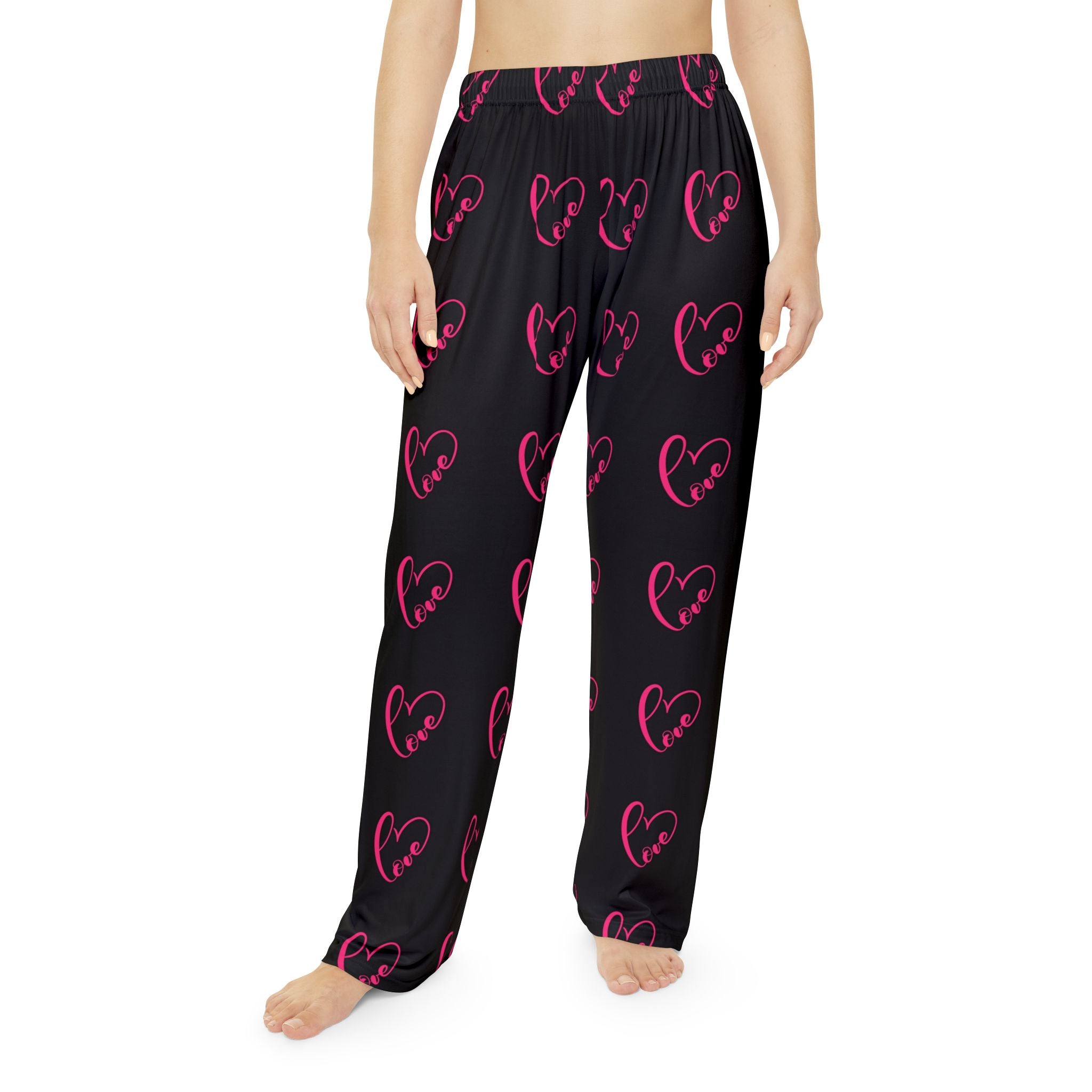 Women's Heart Print Pajama Pants — Pink Neon Hearts on Black, Cozy Lounge Sleepwear