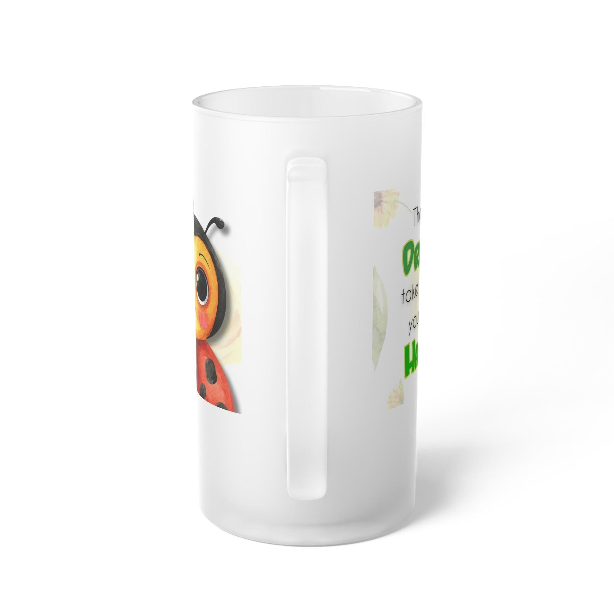 Frosted Beer Mug — Cute Ladybug & Yellow Roses "One of the Moments You’re Here Is Happy"