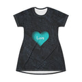 Love Heart T-Shirt Dress – Teal Heart Graphic AOP Casual Dress