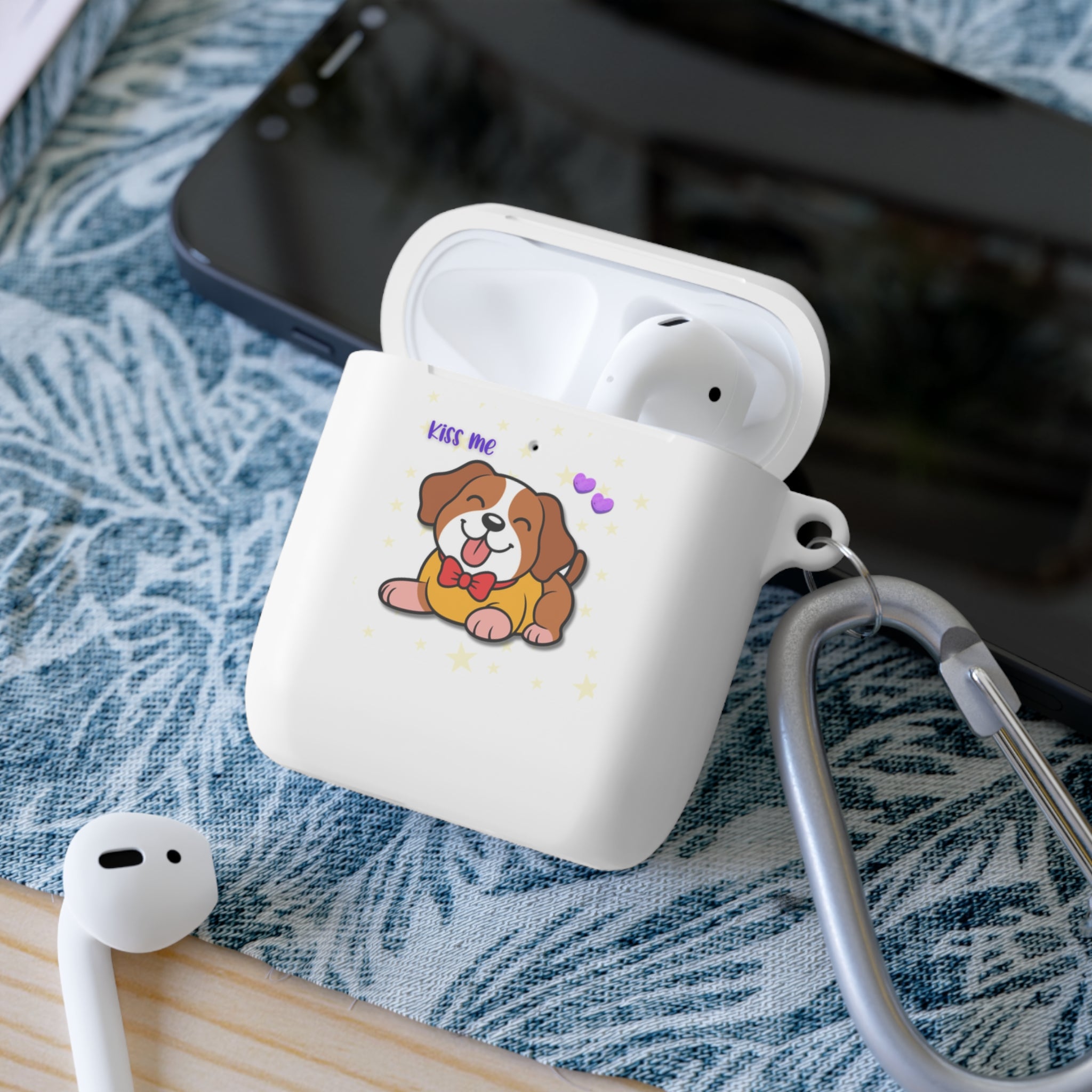 Cute Puppy AirPods Case Cover — "Kiss Me" Cartoon Dog with Hearts