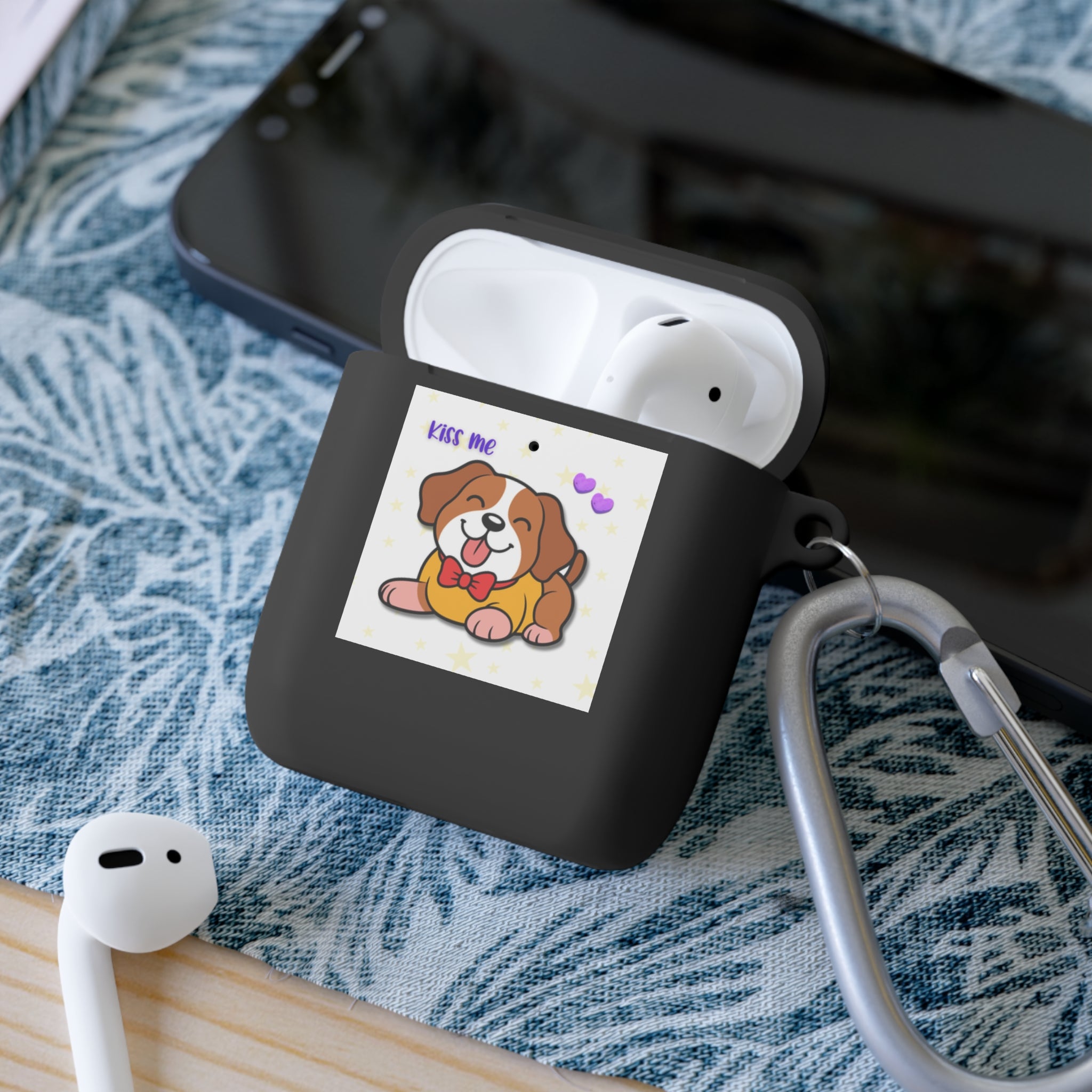 Cute Puppy AirPods Case Cover — "Kiss Me" Cartoon Dog with Hearts