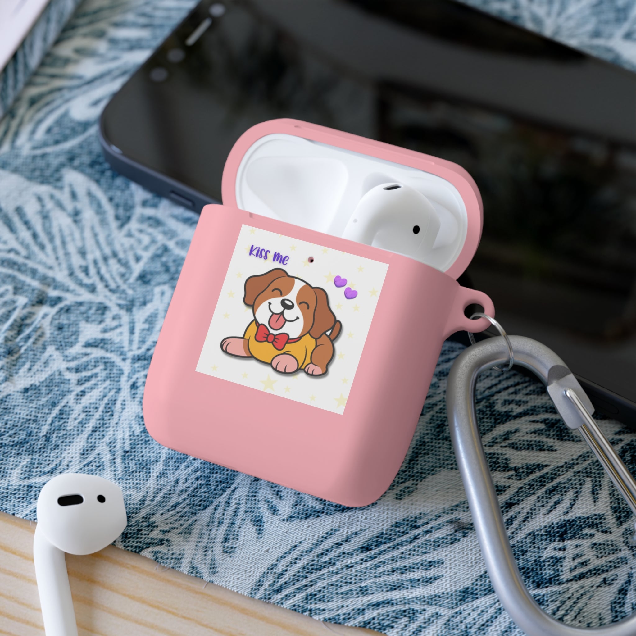 Cute Puppy AirPods Case Cover — "Kiss Me" Cartoon Dog with Hearts