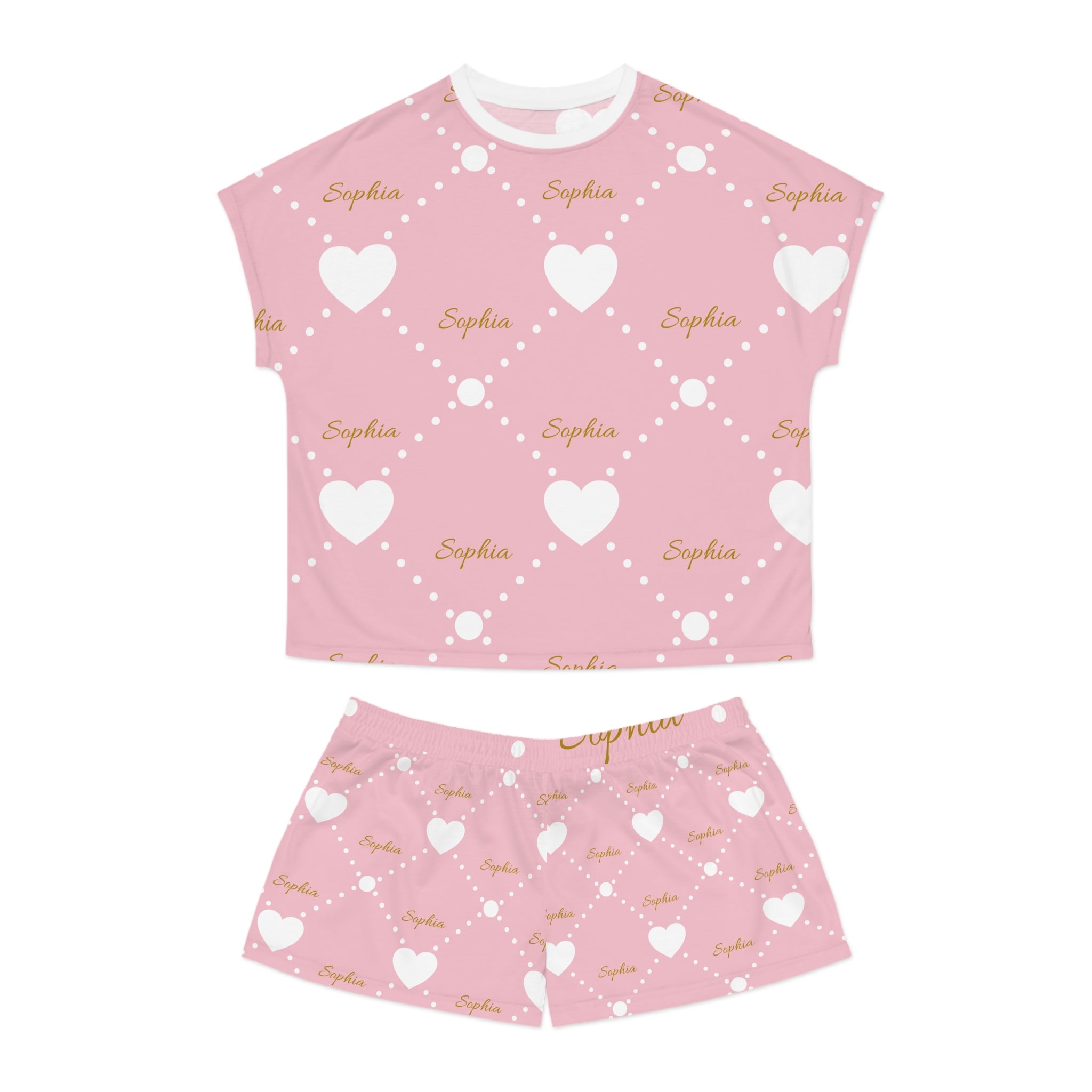 Personalized Pink Heart Pajama Set — Custom Name Women’s Short Sleepwear
