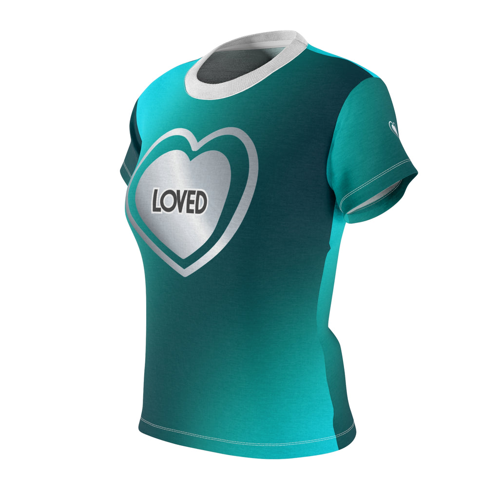 Loved Heart Women's Tee — Teal Gradient Cut & Sew Shirt