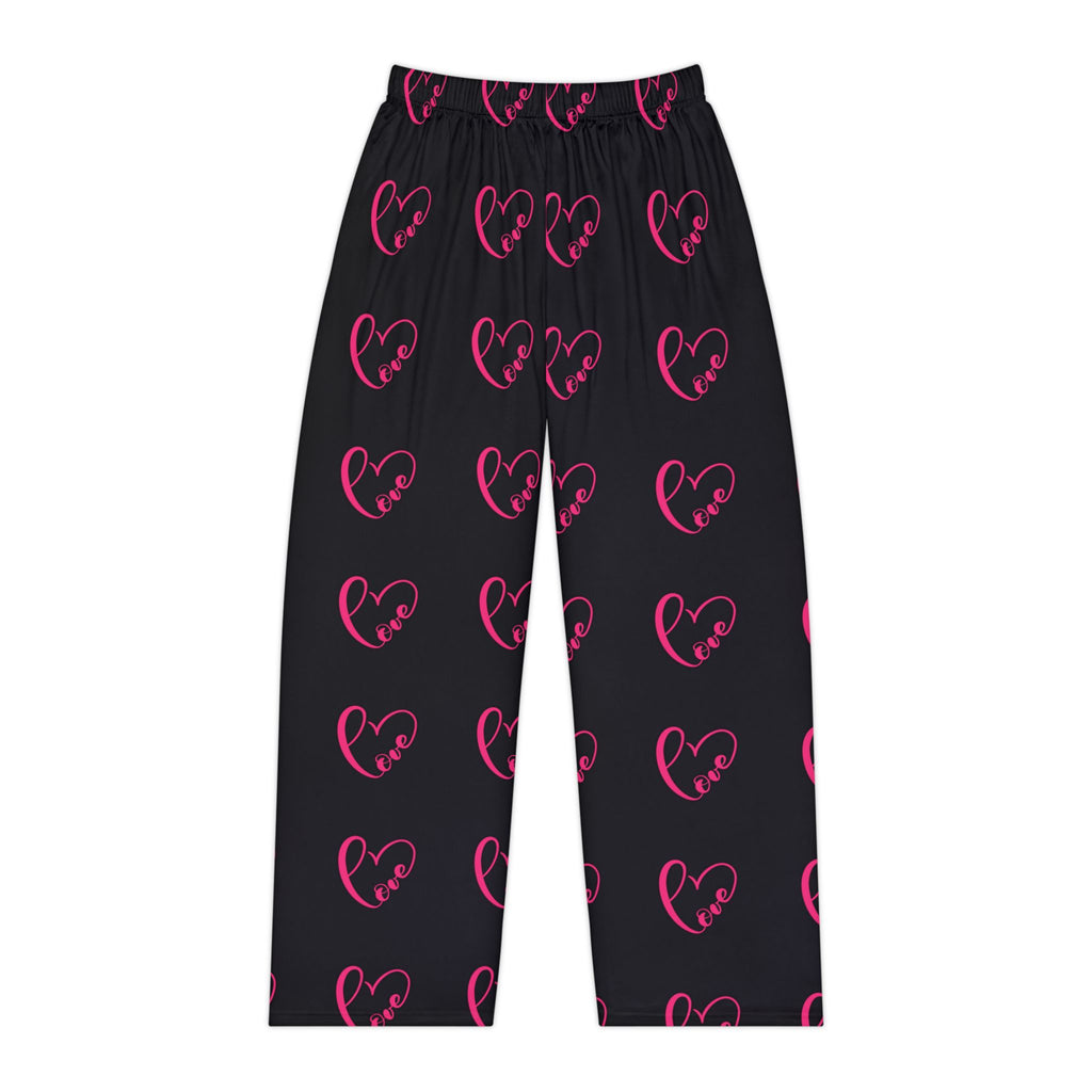 Women's Heart Print Pajama Pants — Pink Neon Hearts on Black, Cozy Lounge Sleepwear