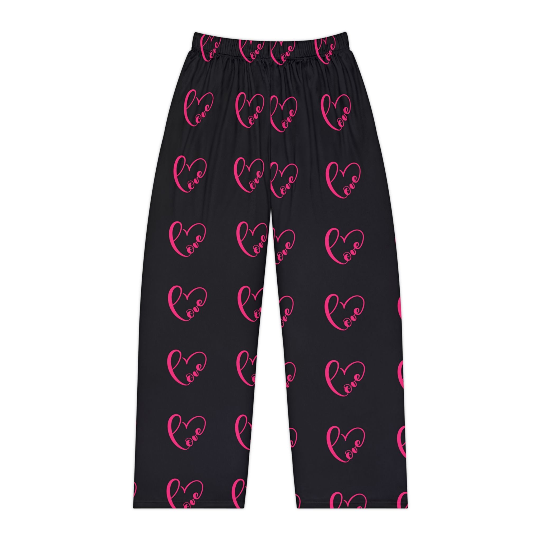 Women's Heart Print Pajama Pants — Pink Neon Hearts on Black, Cozy Lounge Sleepwear