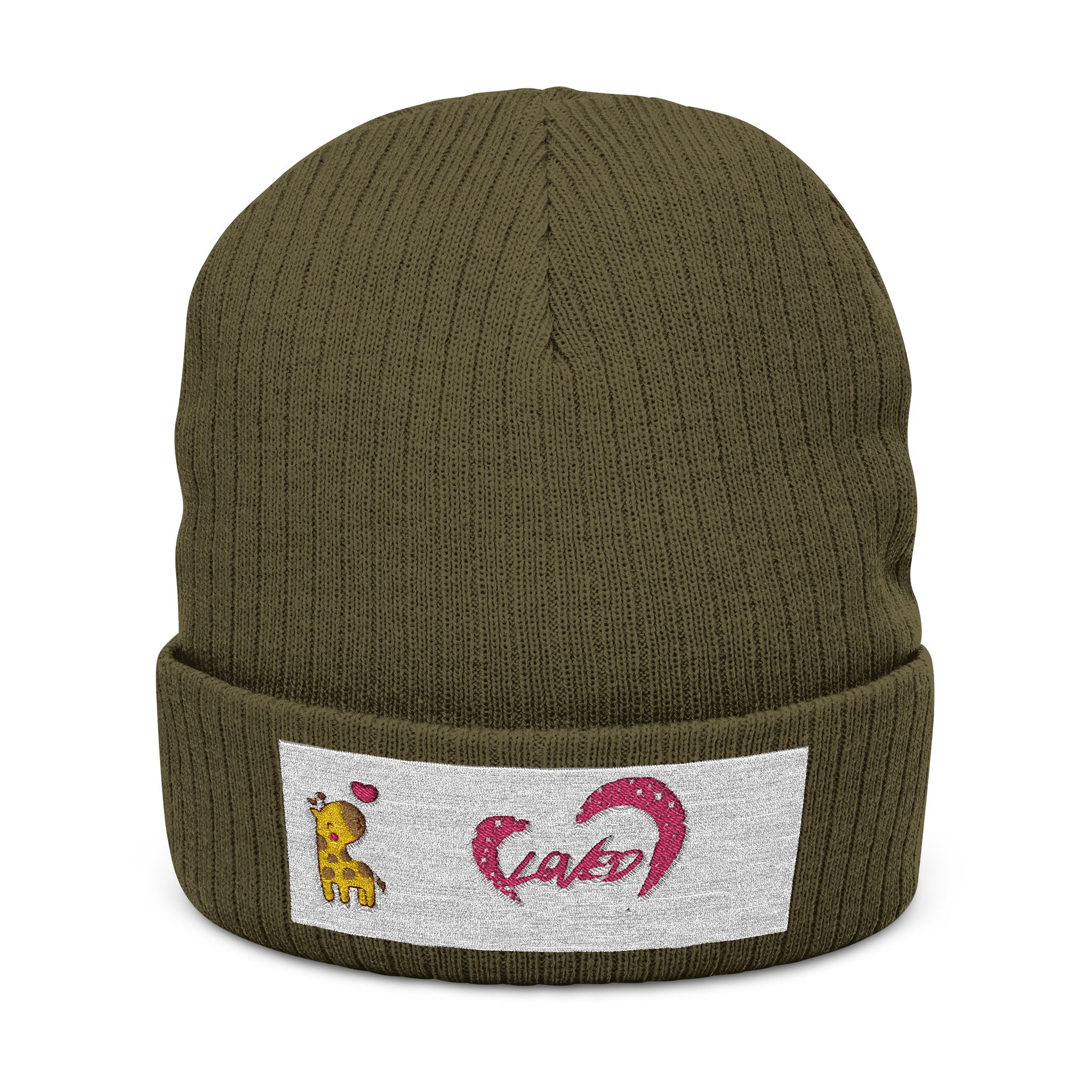 Giraffe 'Loved' Embroidered Ribbed Knit Beanie