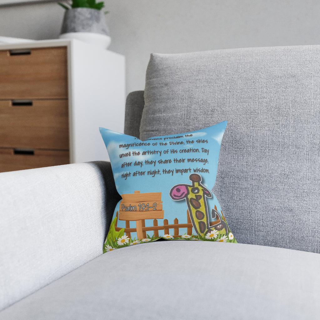 Christian Nursery Pillow - Psalm 19:1 Giraffe Kids Decorative Throw Pillow (Pink Back)