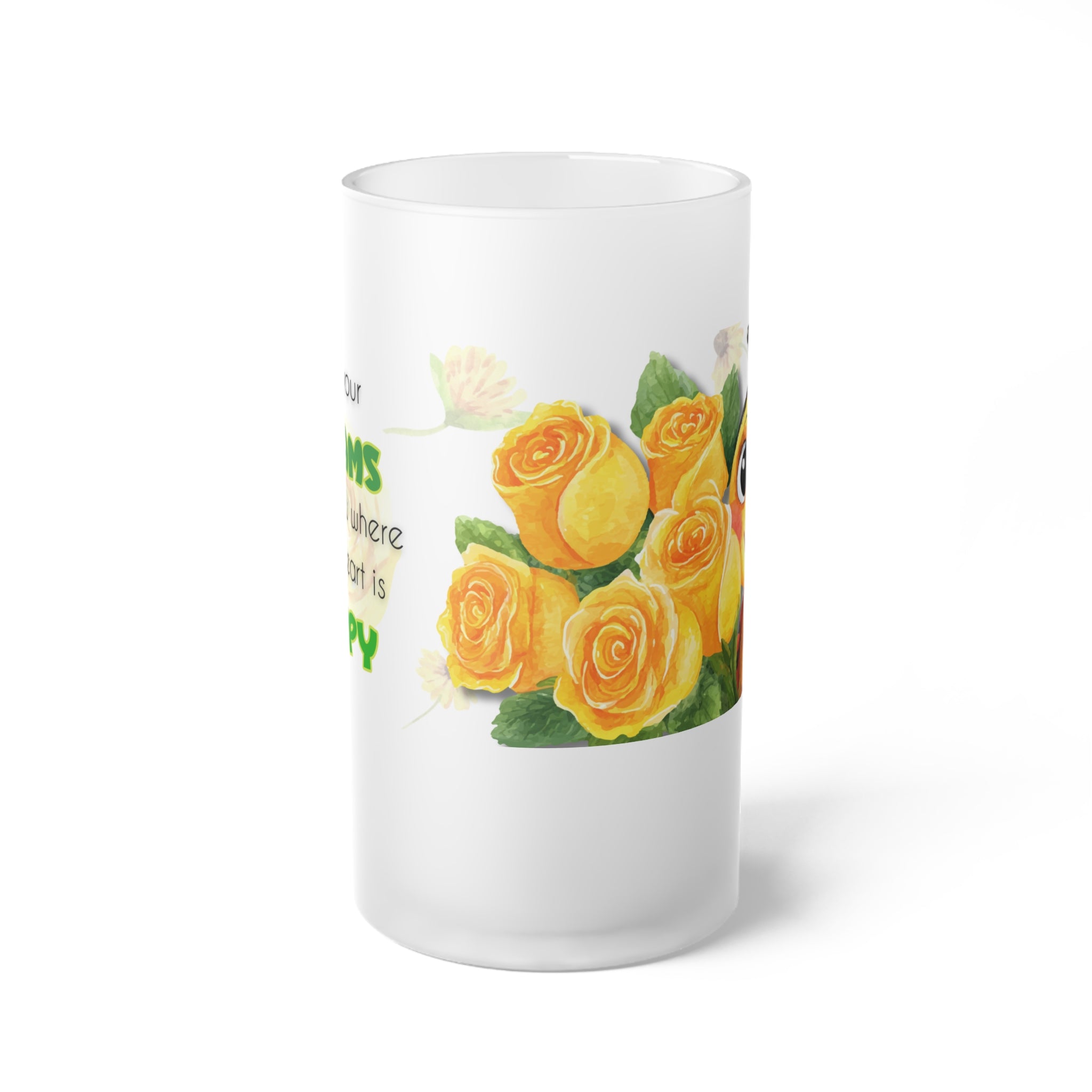 Frosted Beer Mug — Cute Ladybug & Yellow Roses "One of the Moments You’re Here Is Happy"