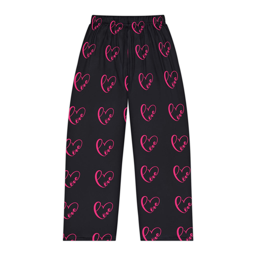 Women's Heart Print Pajama Pants — Pink Neon Hearts on Black, Cozy Lounge Sleepwear