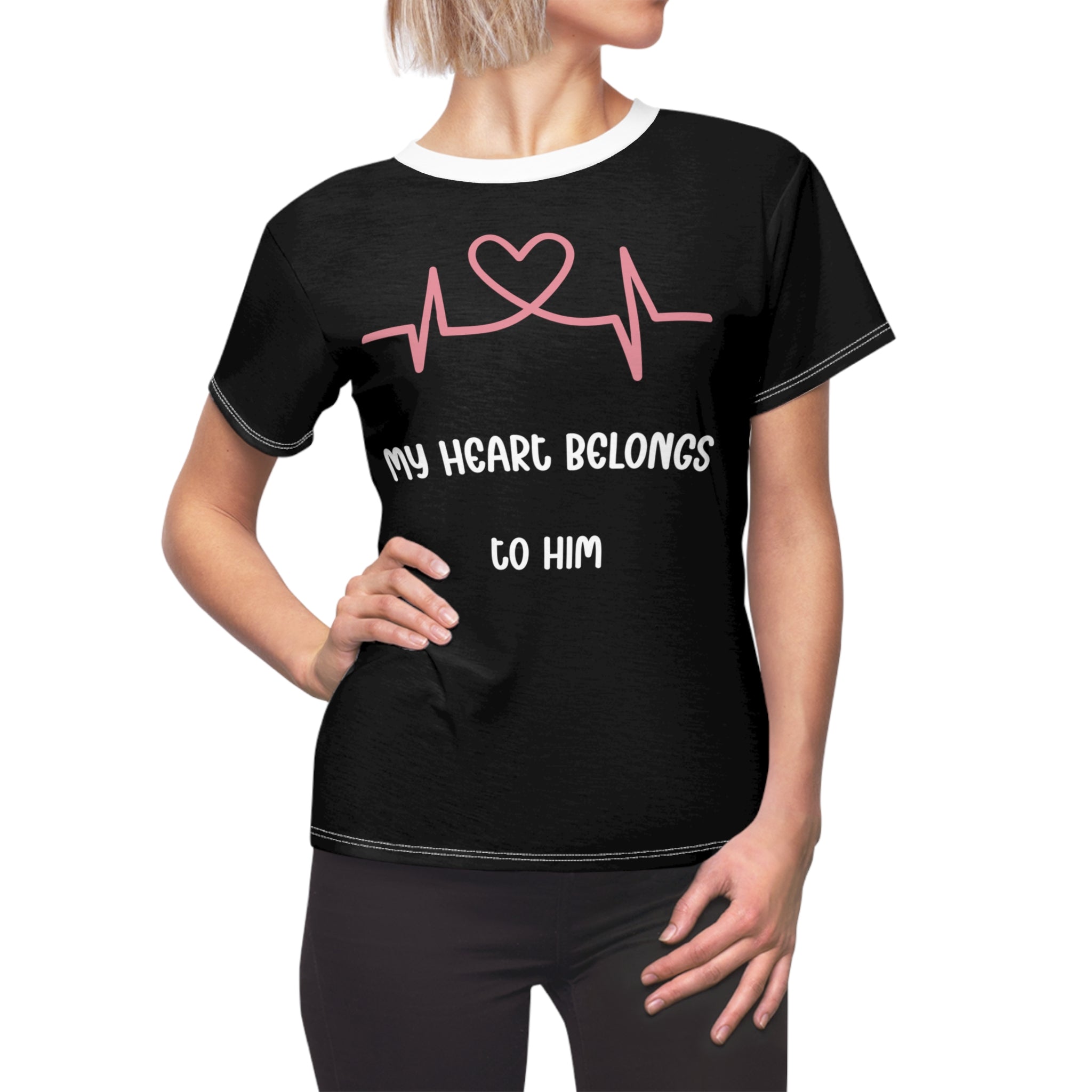 Women’s Tee — “My Heart Belongs to Him” Pink Heartbeat Graphic