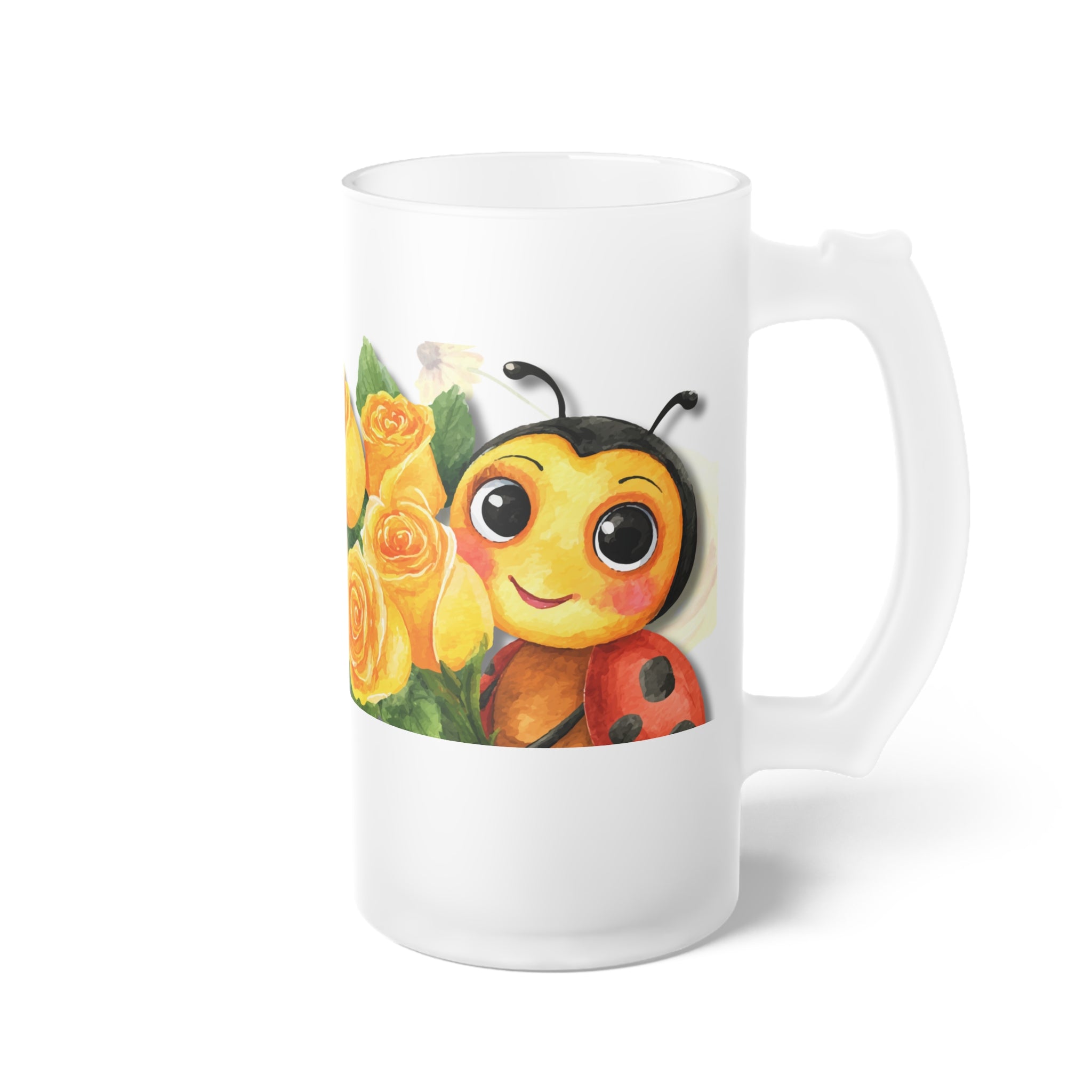 Frosted Beer Mug — Cute Ladybug & Yellow Roses "One of the Moments You’re Here Is Happy"