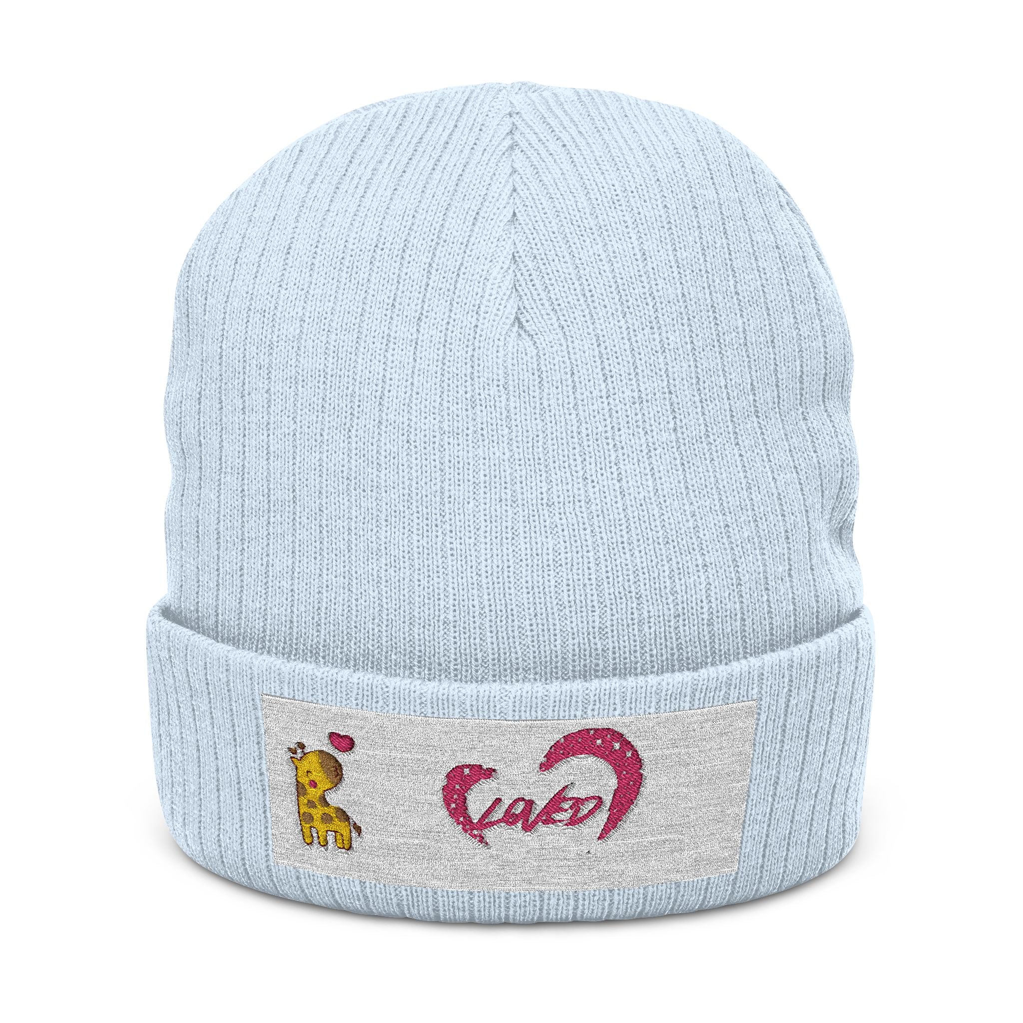 Giraffe 'Loved' Embroidered Ribbed Knit Beanie