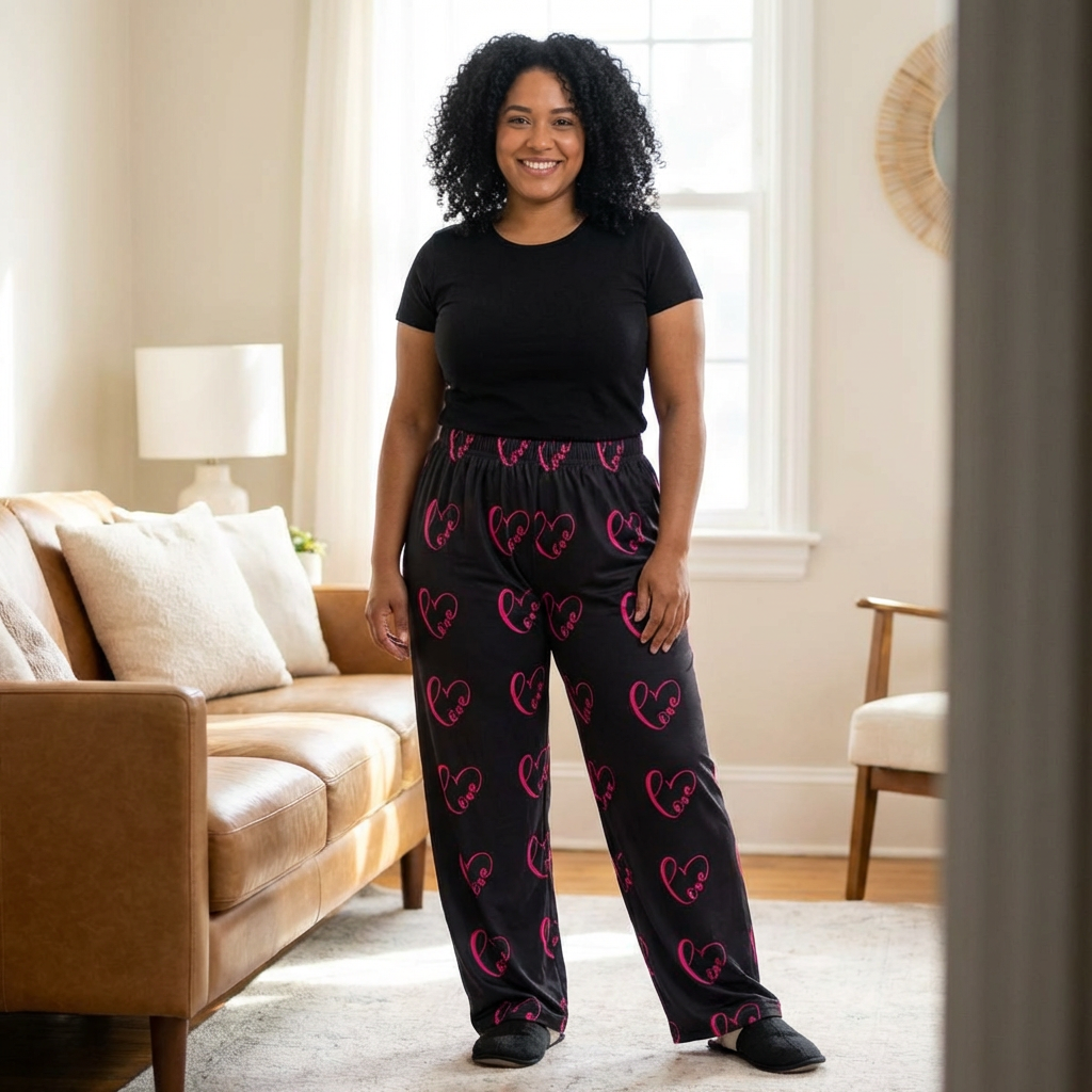 Women's Heart Print Pajama Pants — Pink Neon Hearts on Black, Cozy Lounge Sleepwear
