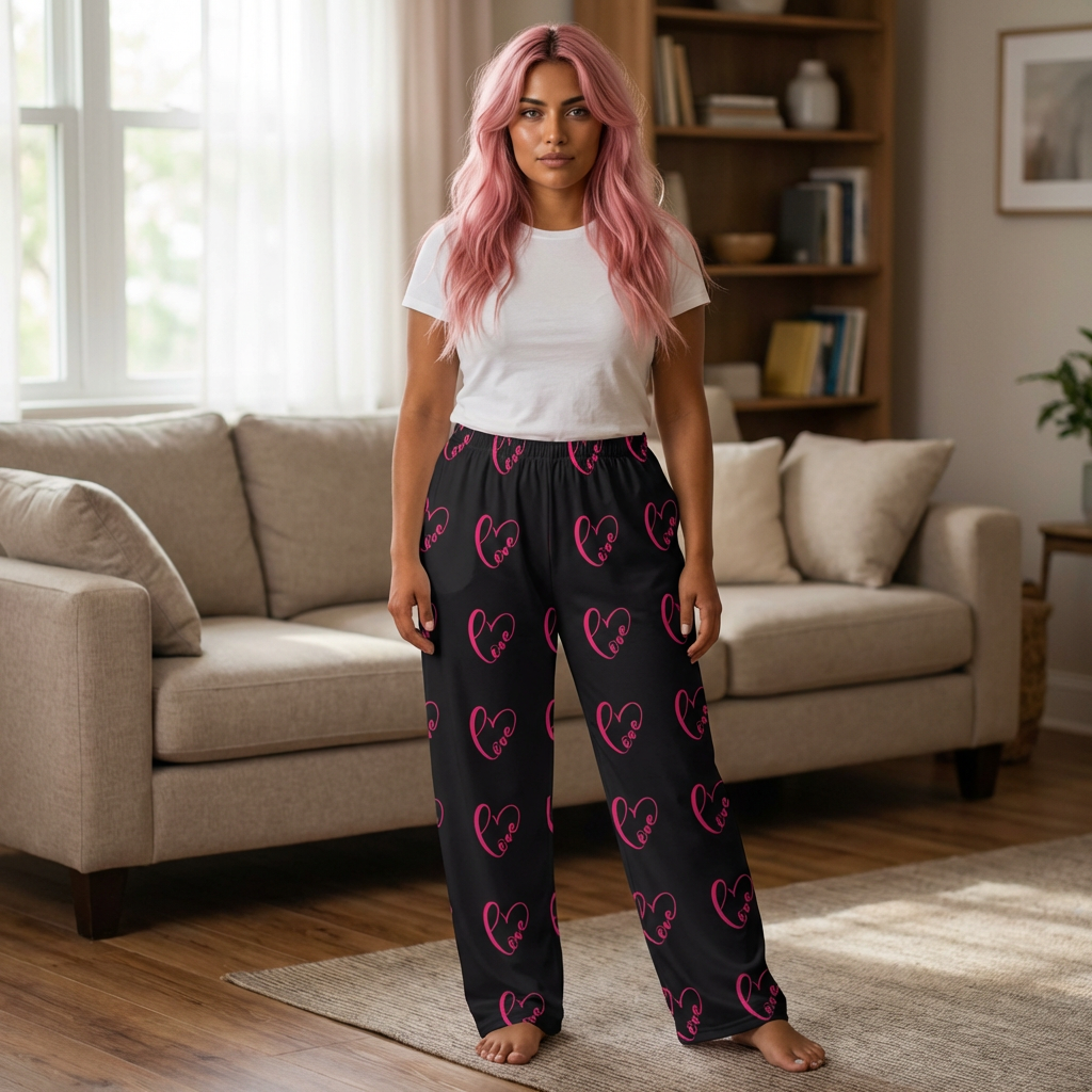 Women's Heart Print Pajama Pants — Pink Neon Hearts on Black, Cozy Lounge Sleepwear