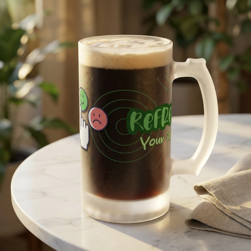 Frosted Glass Beer Mug — 'Refresh Your Mood' Emoji Design