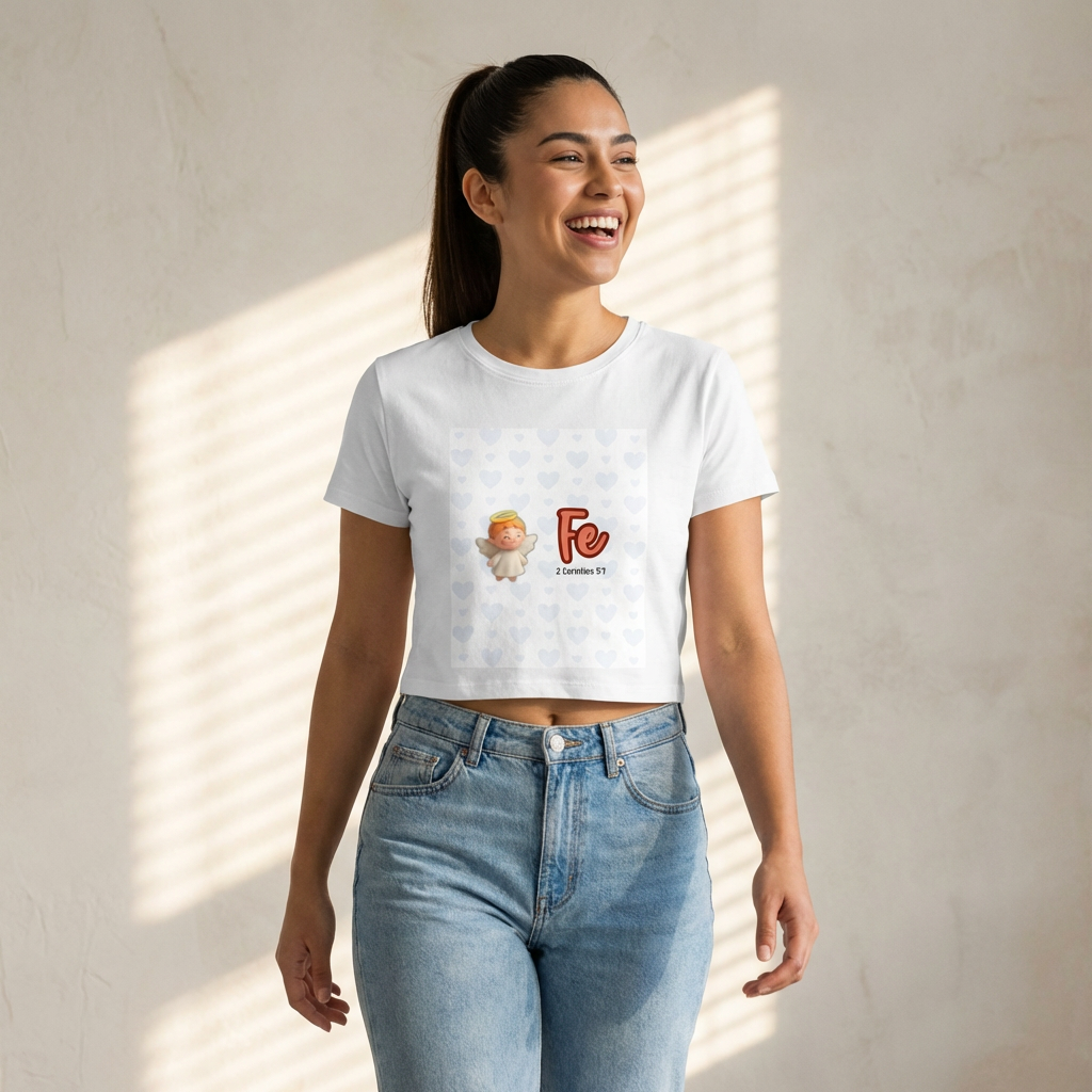 Faith Angel Women's Baby Tee — "Fe" 2 Corintios 9:7 Christian Graphic Top