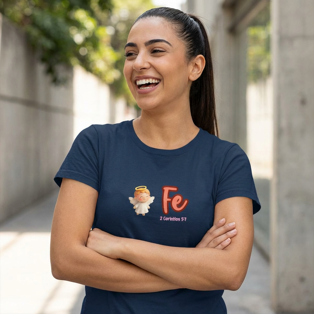 Faith Angel Women's Baby Tee — "Fe" 2 Corintios 9:7 Christian Graphic Top