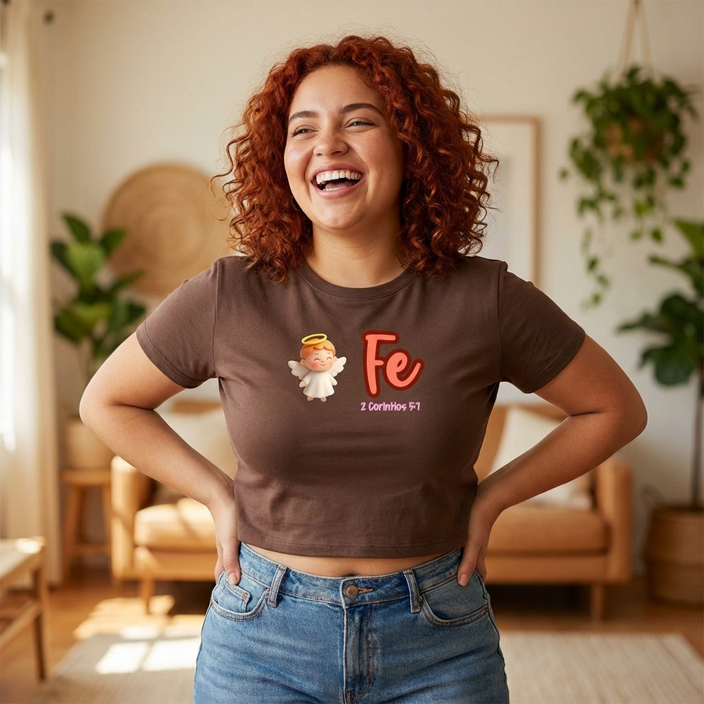 Faith Angel Women's Baby Tee — "Fe" 2 Corintios 9:7 Christian Graphic Top