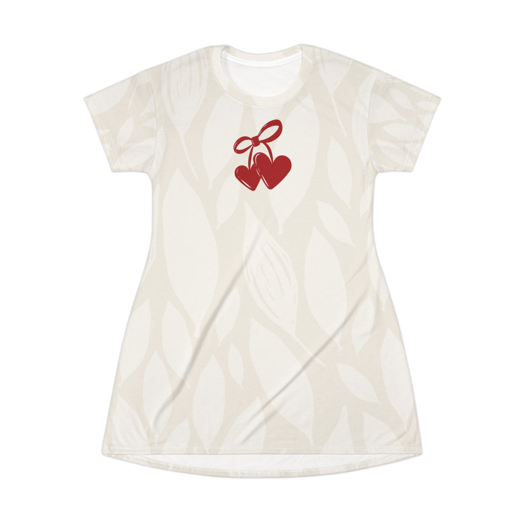 Cherry Heart T-Shirt Dress — Cute Red Double Cherry Graphic AOP