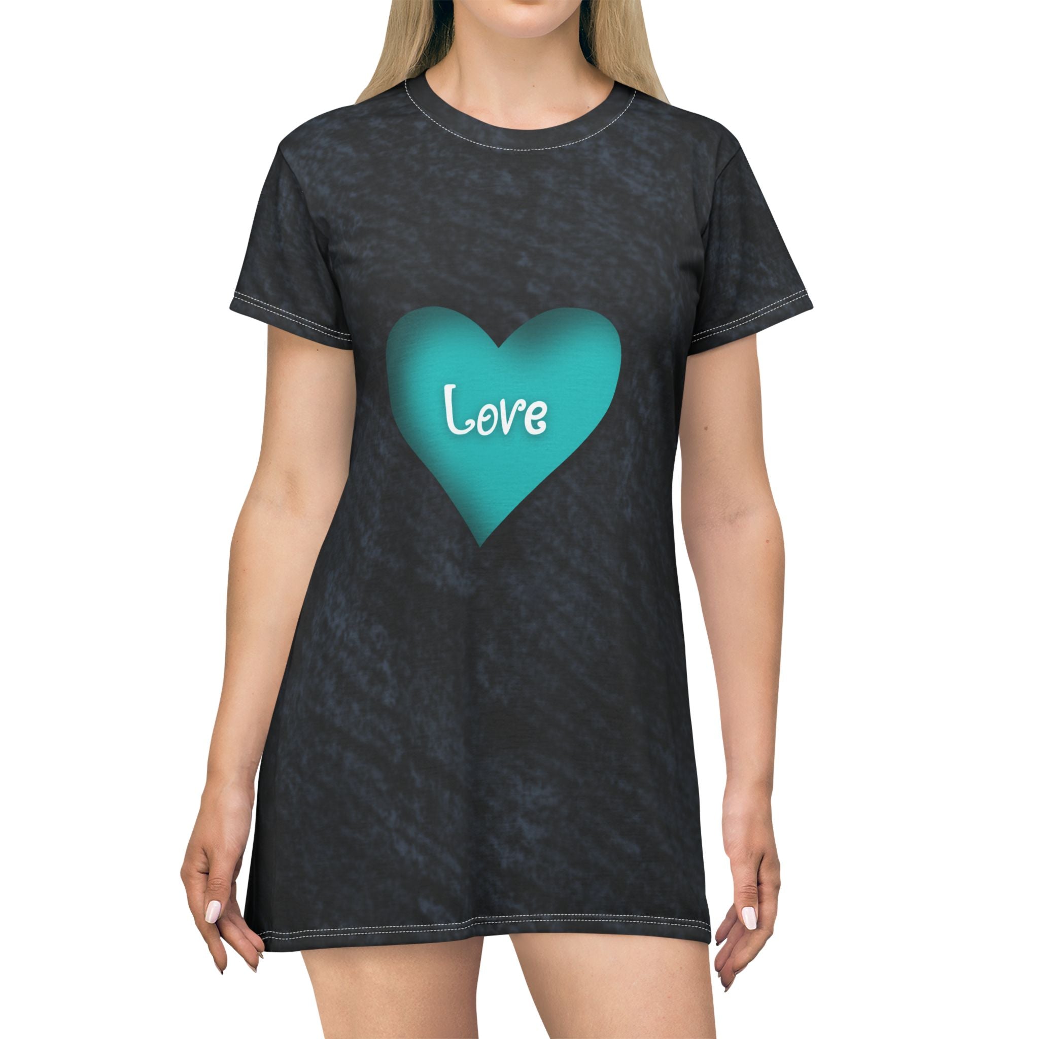 Love Heart T-Shirt Dress – Teal Heart Graphic AOP Casual Dress