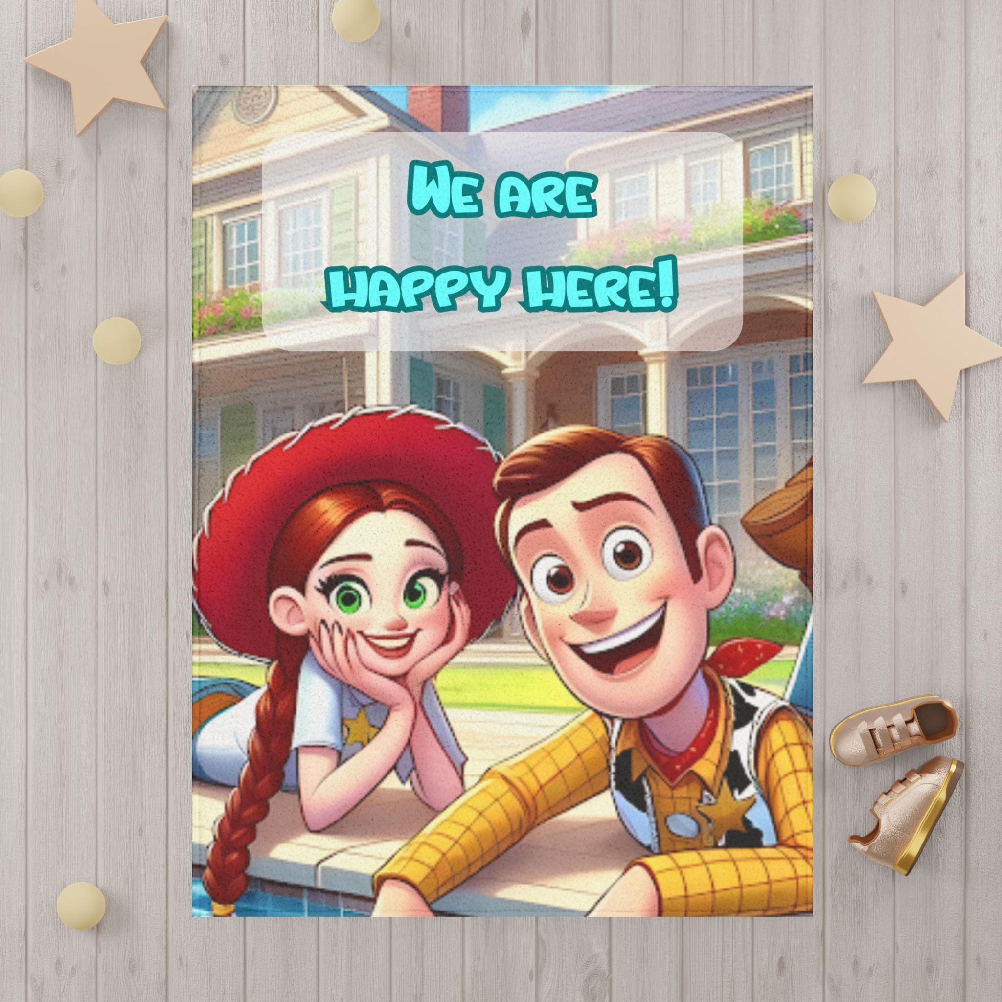 Toddler Blanket - 'We Are Happy Here!' Cartoon Character Cozy Throw for Kids