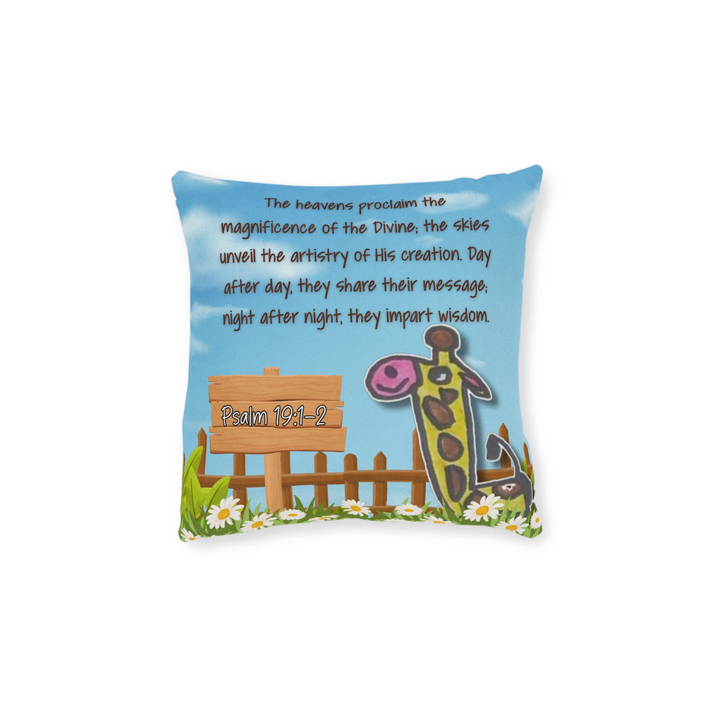 Christian Nursery Pillow - Psalm 19:1 Giraffe Kids Decorative Throw Pillow (Pink Back)