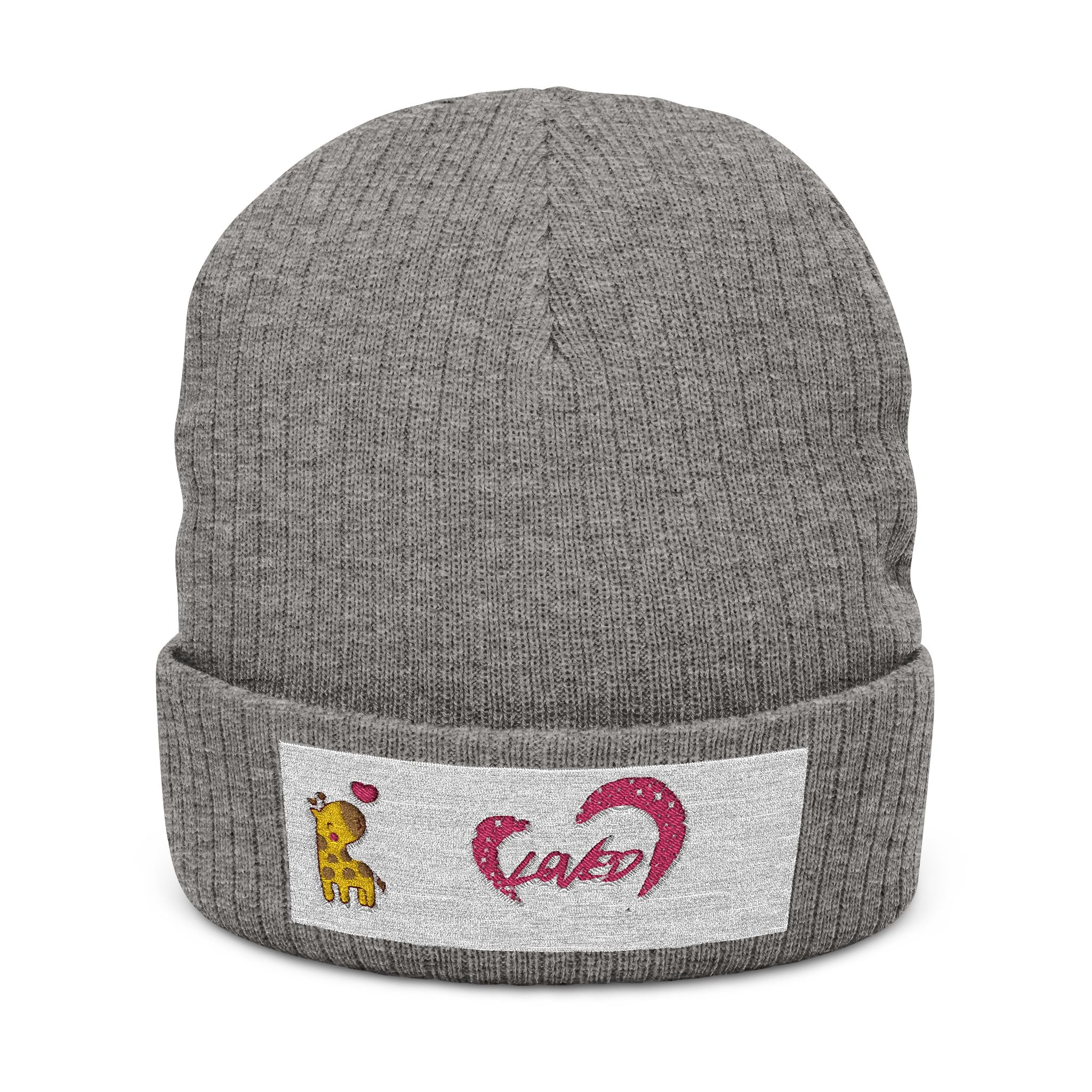 Giraffe 'Loved' Embroidered Ribbed Knit Beanie
