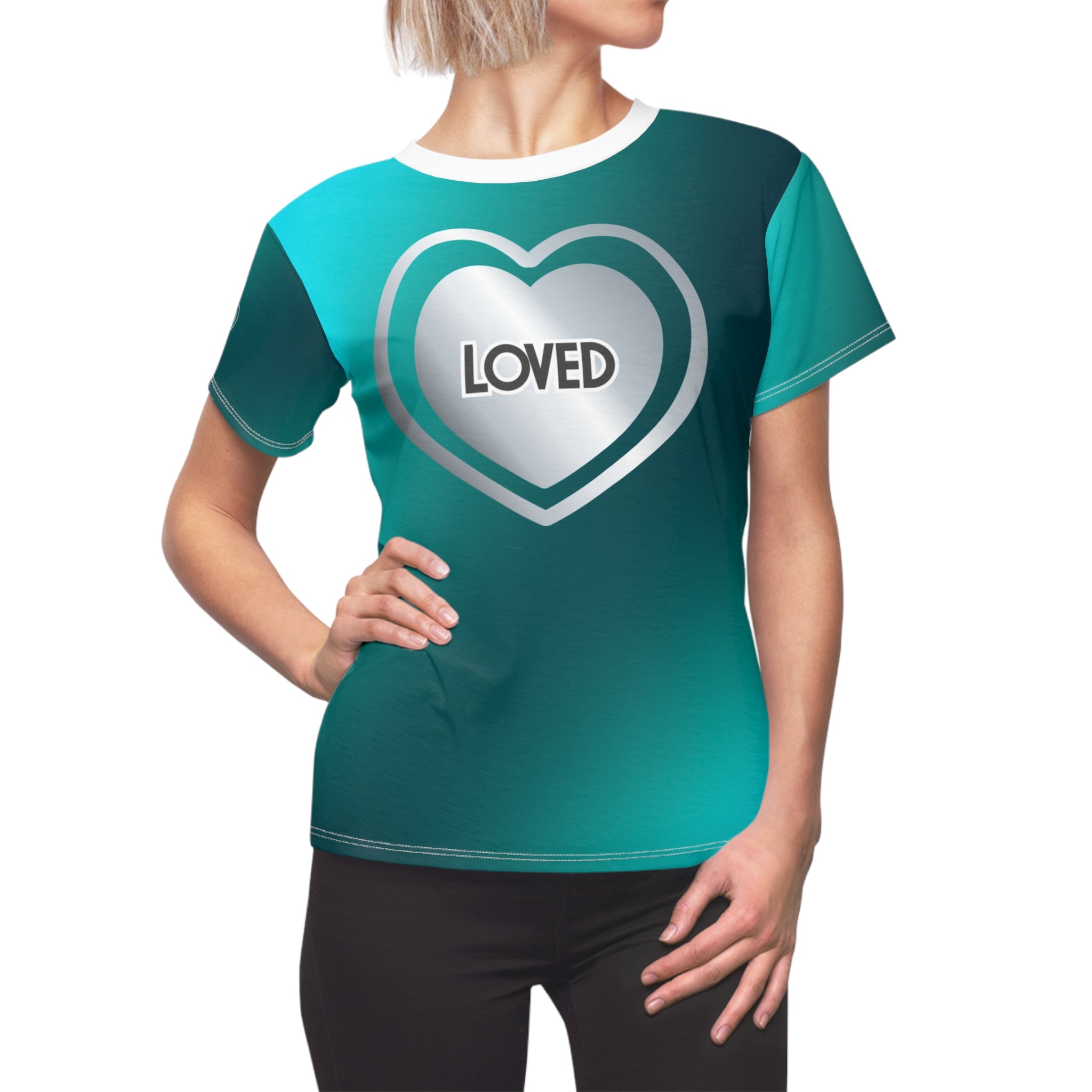 Loved Heart Women's Tee — Teal Gradient Cut & Sew Shirt