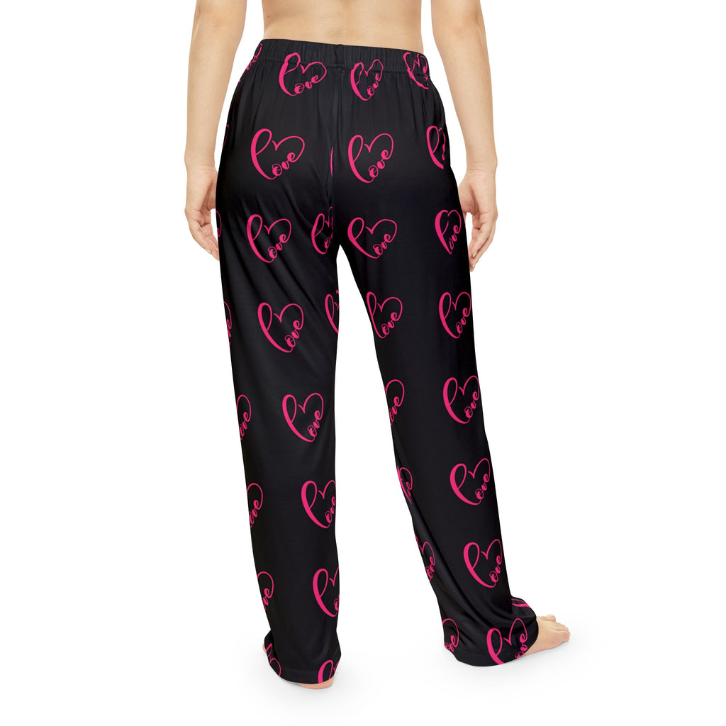 Women's Heart Print Pajama Pants — Pink Neon Hearts on Black, Cozy Lounge Sleepwear