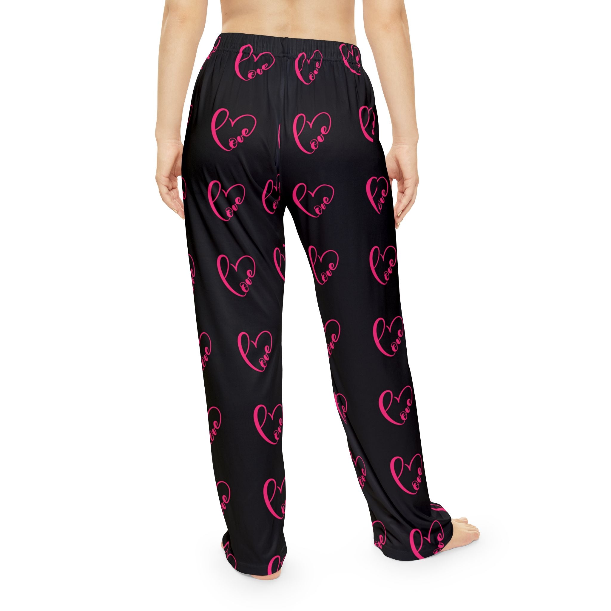 Women's Heart Print Pajama Pants — Pink Neon Hearts on Black, Cozy Lounge Sleepwear
