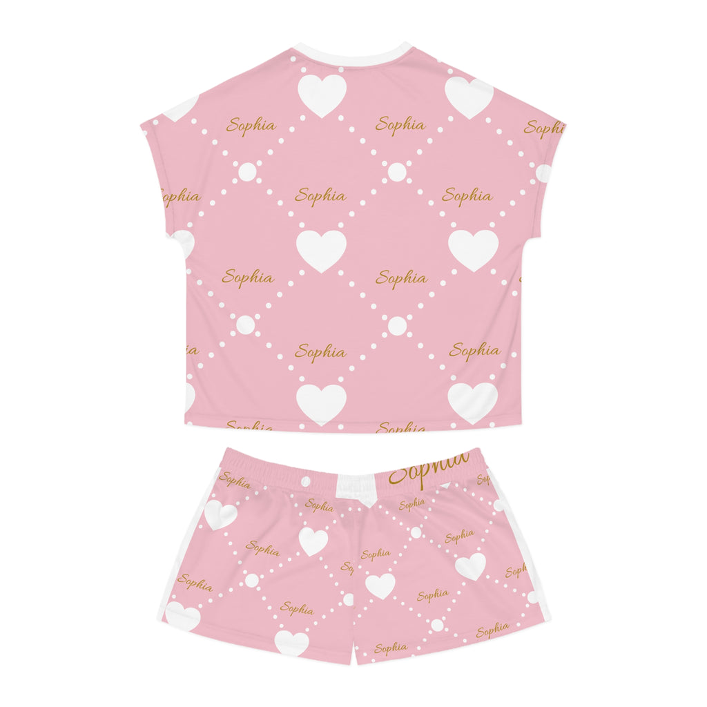Personalized Pink Heart Pajama Set — Custom Name Women’s Short Sleepwear