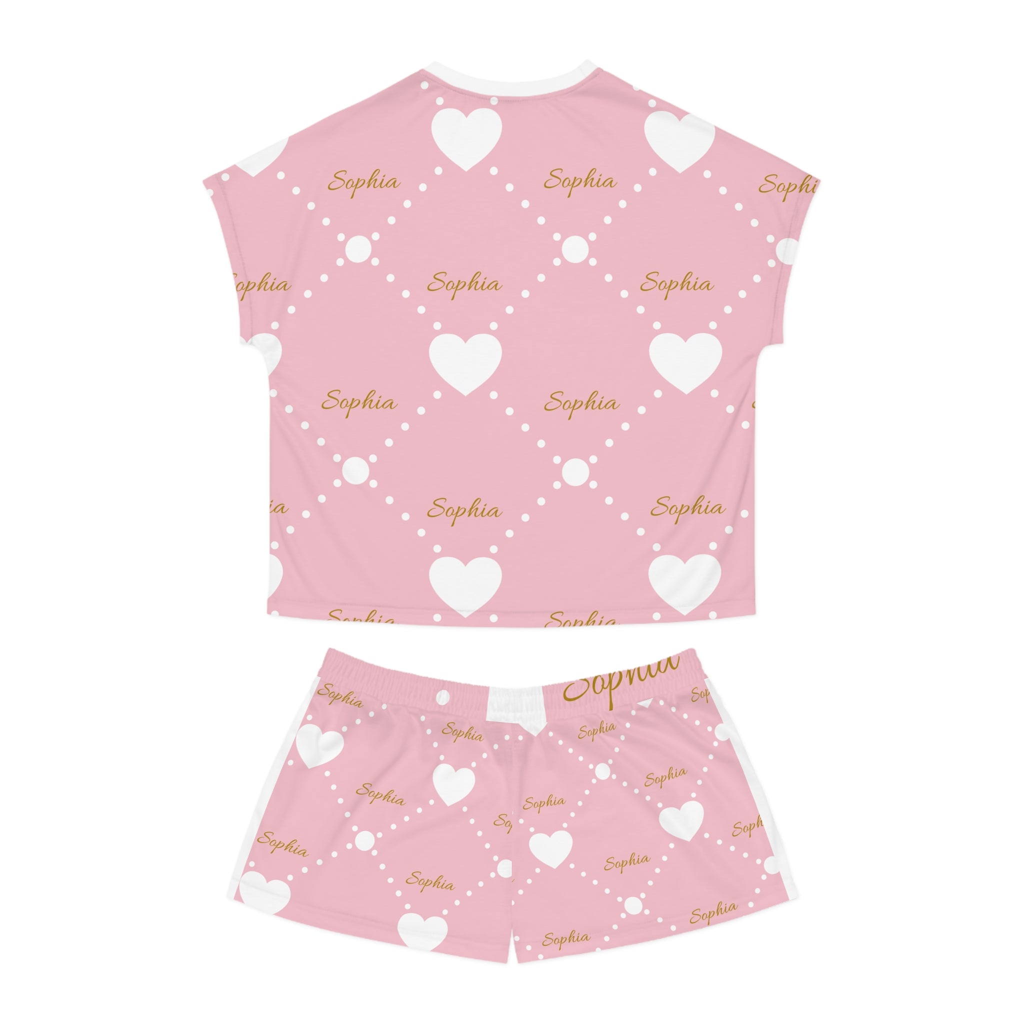 Personalized Pink Heart Pajama Set — Custom Name Women’s Short Sleepwear