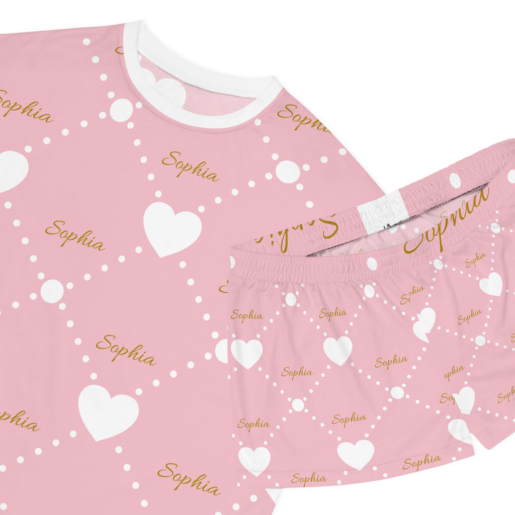 Personalized Pink Heart Pajama Set — Custom Name Women’s Short Sleepwear