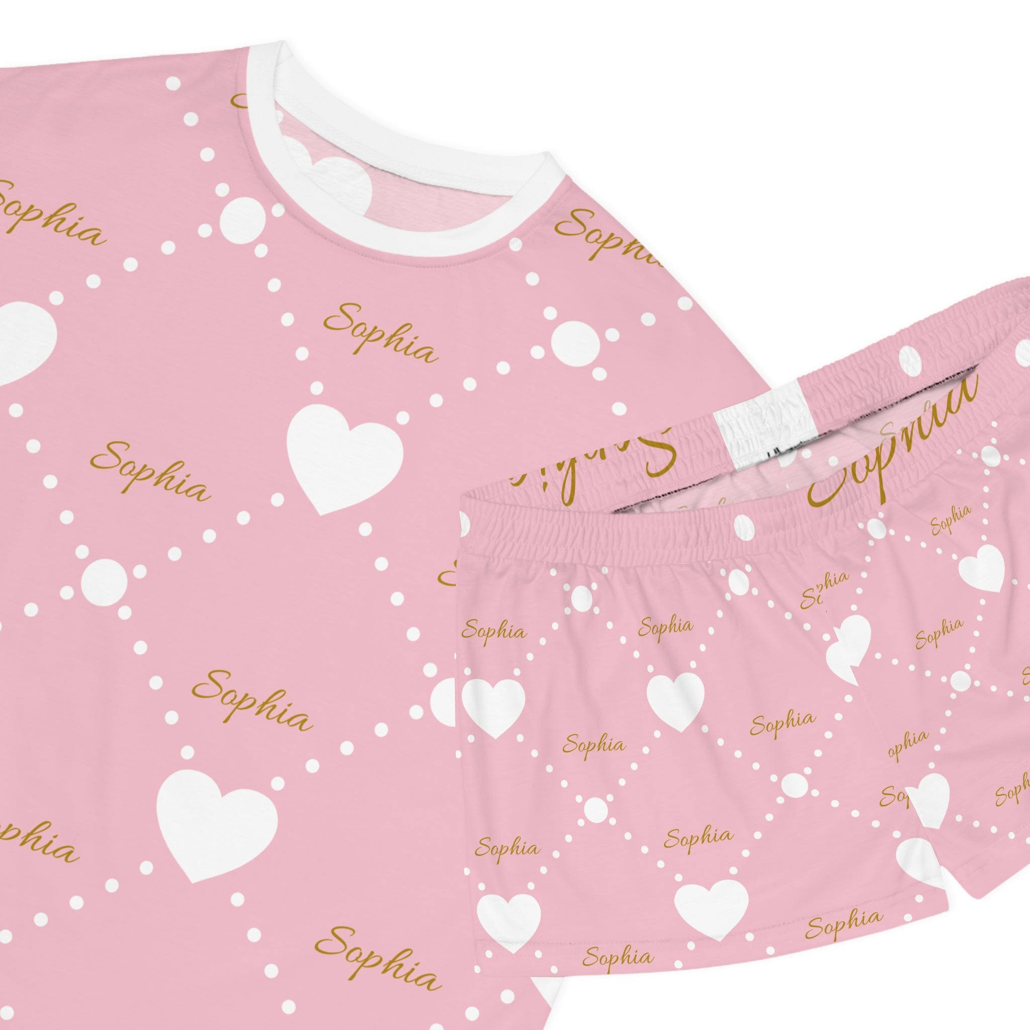 Personalized Pink Heart Pajama Set — Custom Name Women’s Short Sleepwear