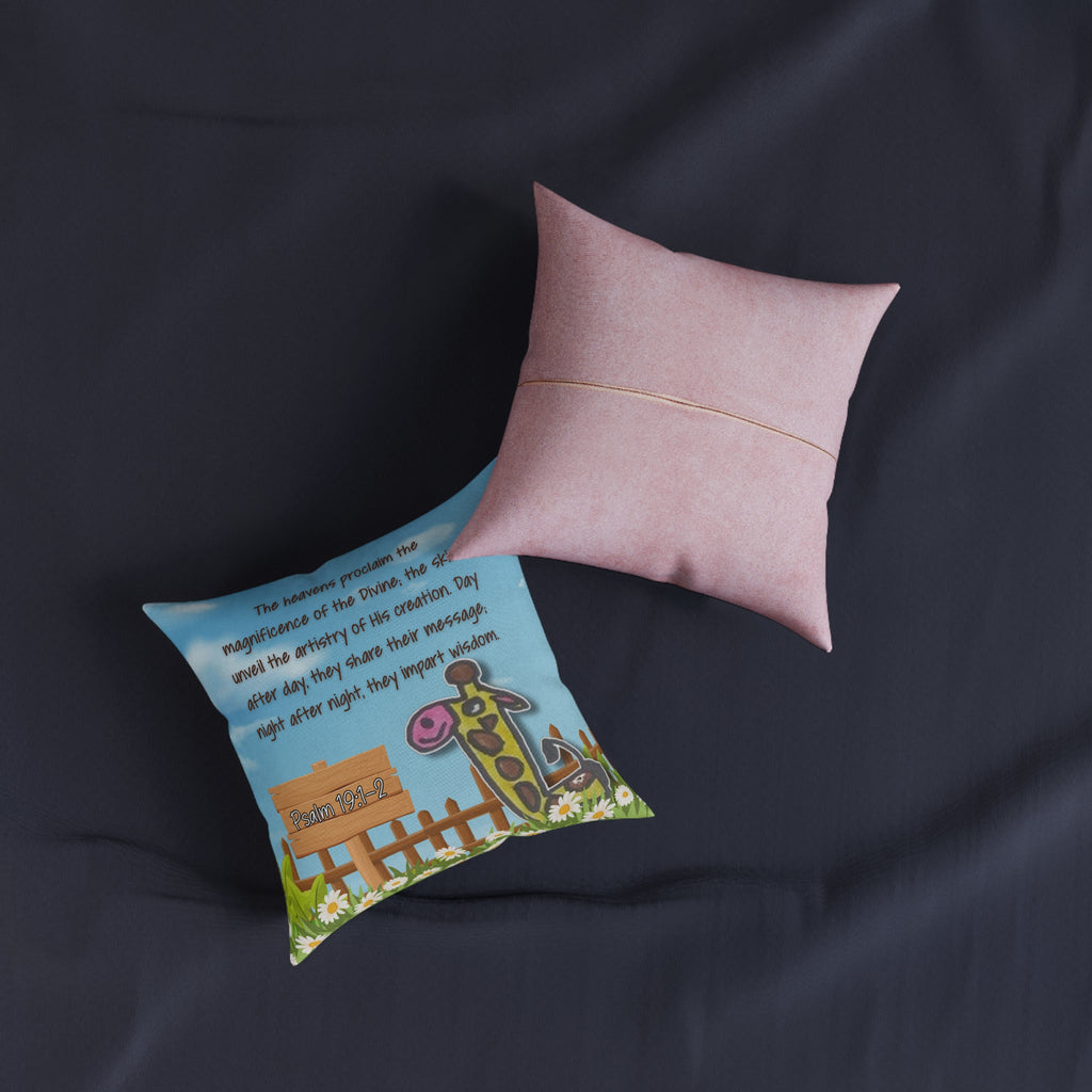 Christian Nursery Pillow - Psalm 19:1 Giraffe Kids Decorative Throw Pillow (Pink Back)