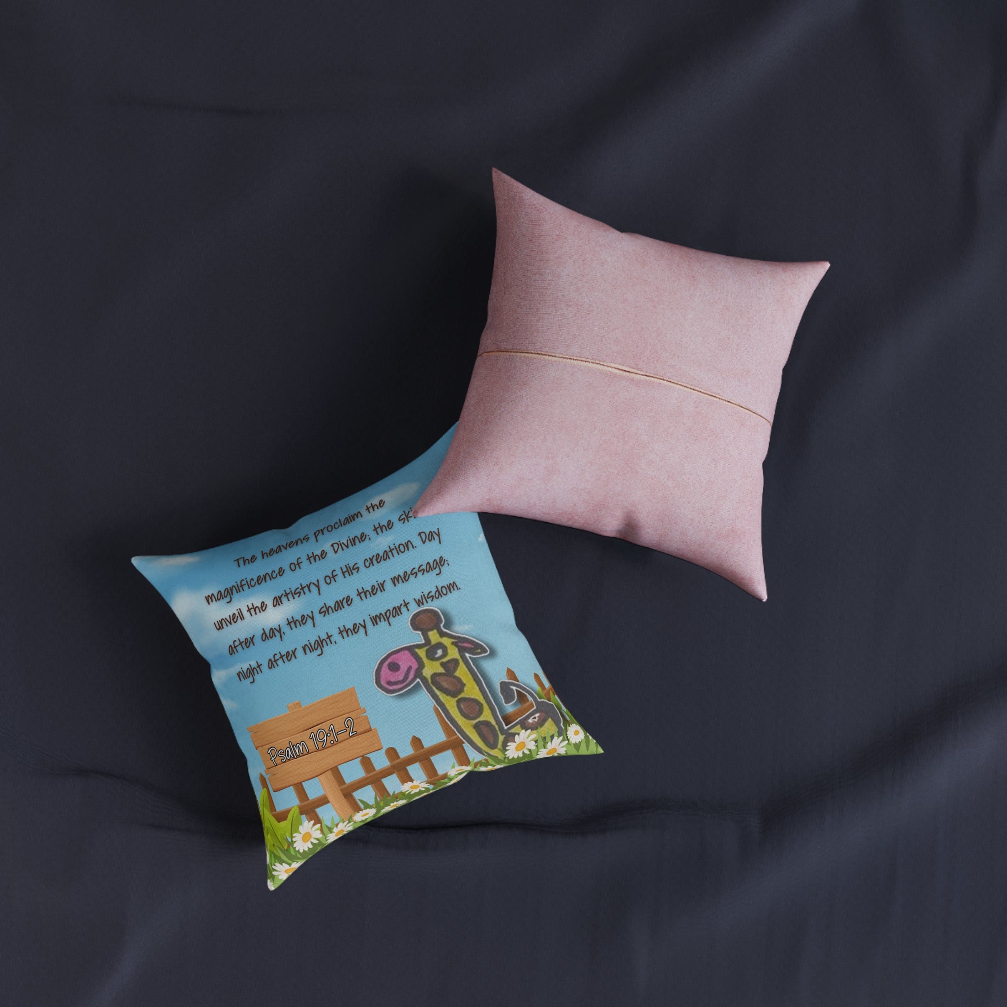 Christian Nursery Pillow - Psalm 19:1 Giraffe Kids Decorative Throw Pillow (Pink Back)