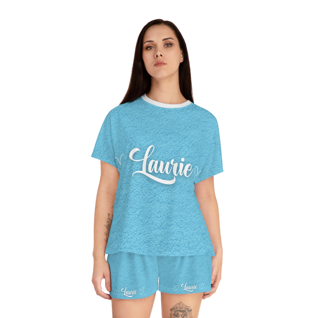 Laurie Personalized Women's Pajama Set - Blue Short Sleep Set with Heart & "parents' love" Design