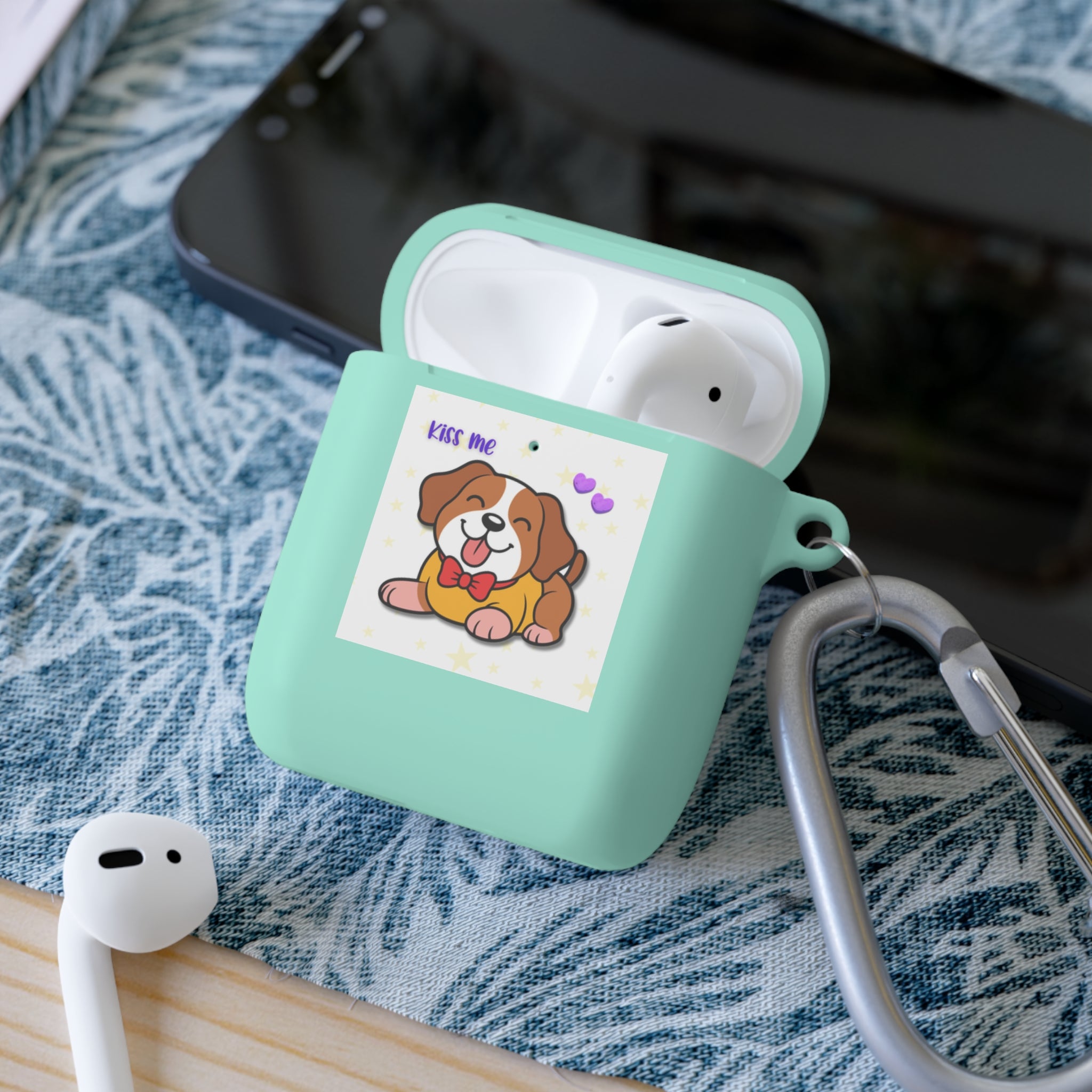 Cute Puppy AirPods Case Cover — "Kiss Me" Cartoon Dog with Hearts