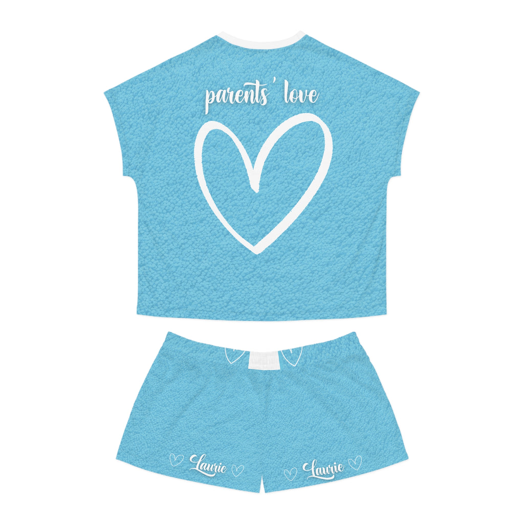 Laurie Personalized Women's Pajama Set - Blue Short Sleep Set with Heart & "parents' love" Design