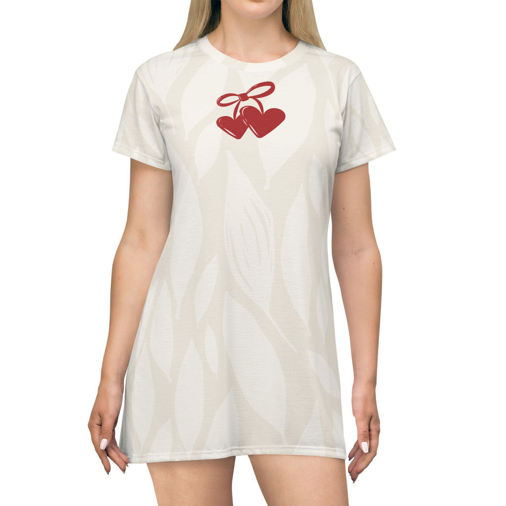 Cherry Heart T-Shirt Dress — Cute Red Double Cherry Graphic AOP