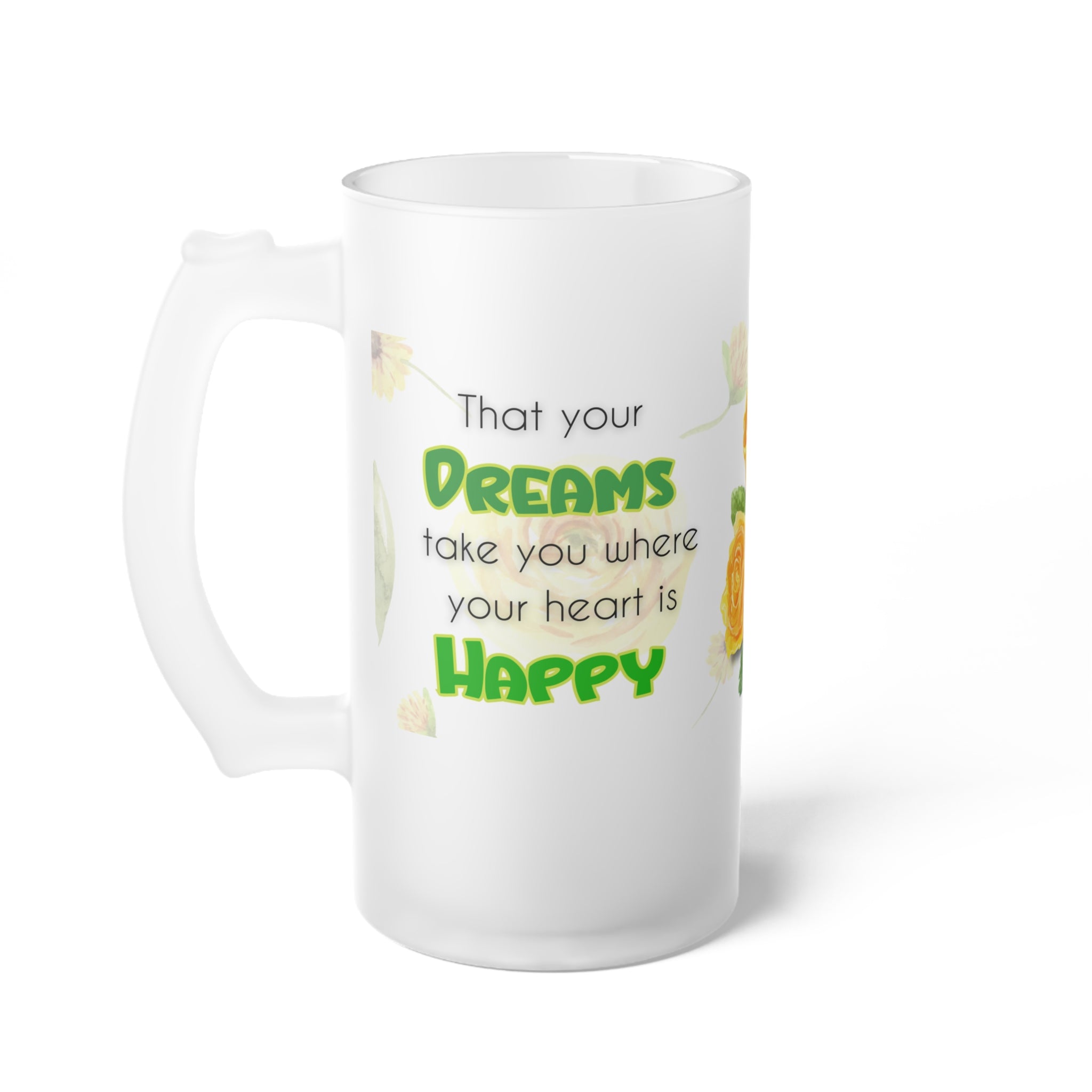 Frosted Beer Mug — Cute Ladybug & Yellow Roses "One of the Moments You’re Here Is Happy"